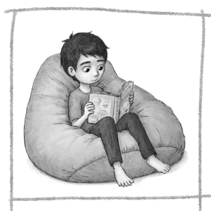 Illustration of Bat reading a book from A Boy Called Bat